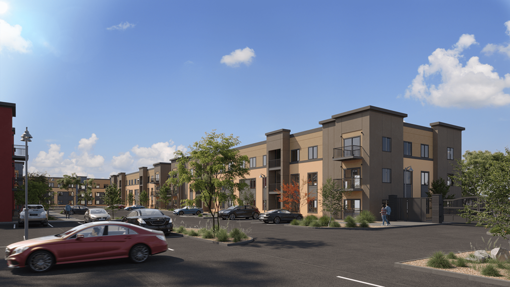 a rendering of a building with a red car parked in front of it