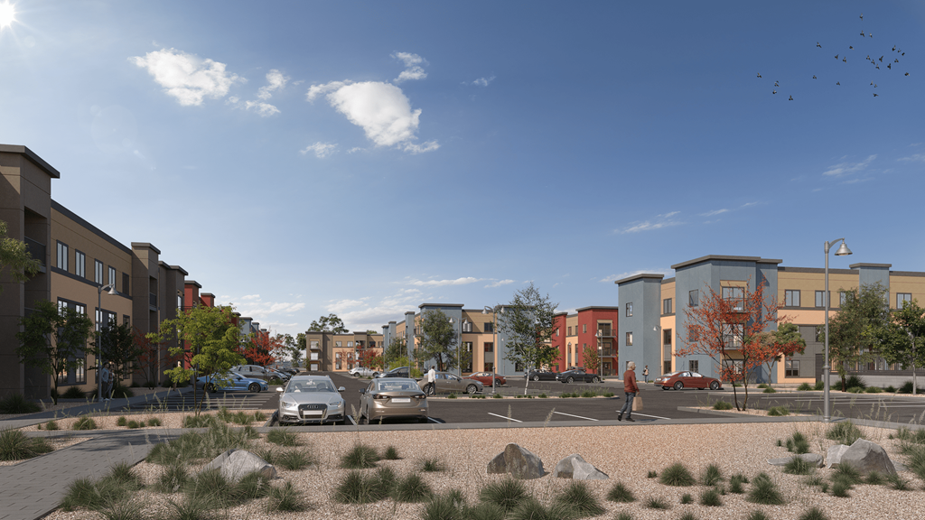 a rendering of a parking lot with cars and buildings in the background