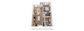 A 3D floor plan of a small apartment with a kitchen, living room, and bathroom.