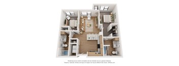 A 3D floor plan of a house with a kitchen, living room, and bathrooms.