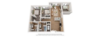 A 3D floor plan of a house with labeled rooms.