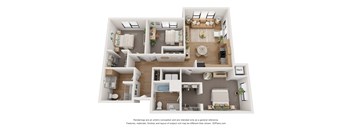 A 3D floor plan of a house with a kitchen, living room, and bathrooms.