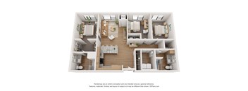 A 3D floor plan of a house with a living room, dining room, kitchen, and two bedrooms.