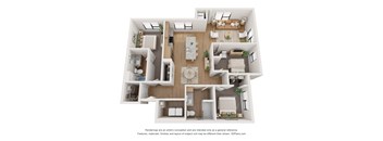 A 3D floor plan of a house with a kitchen, living room, dining room, and bedrooms.