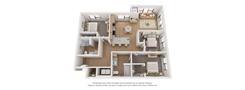 A 3D floor plan of a house with labeled rooms.