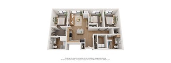 A 3D floor plan of a house with a kitchen, living room, and two bedrooms.