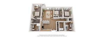 A 3D floor plan of a house with labeled rooms.