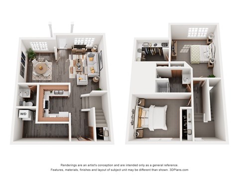 Two floor plans of a house with a kitchen, living room, and bathroom.
