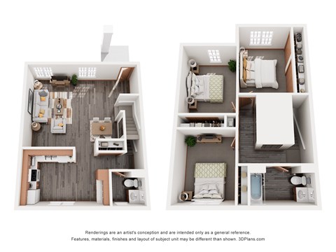 A 3D floor plan of a small apartment with two bedrooms and a living area.
