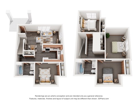 A diagram showing the layout of a house with three bedrooms, a living room, a kitchen, a bathroom, and a hallway.