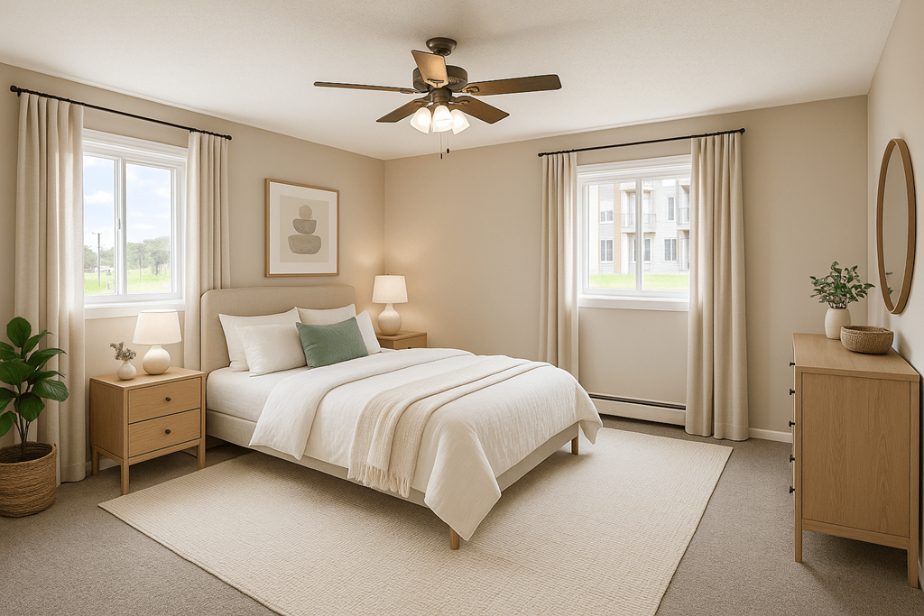 A bedroom with a large bed, a ceiling fan, and a window with curtains.