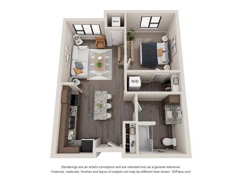 A 3D floor plan of a small apartment with a kitchen, living room, and bedroom.