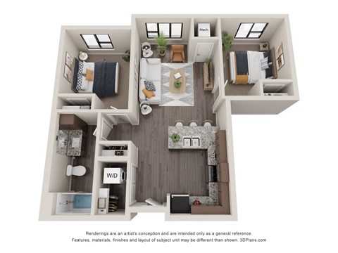 A 3D floor plan of a small apartment with a kitchen, living room, and two bedrooms.