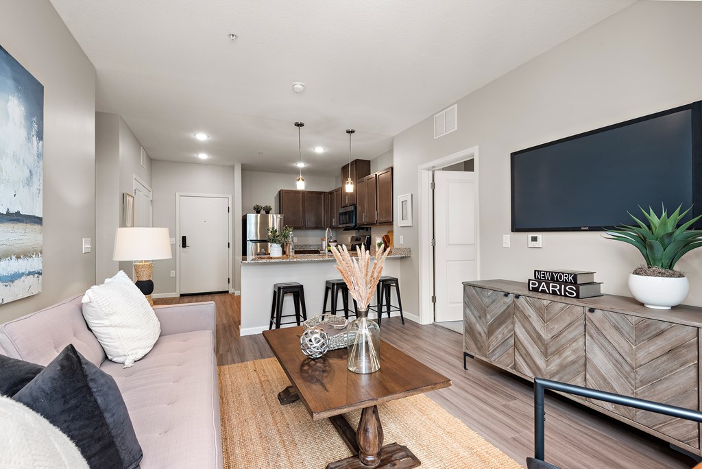 A living room with a couch, a coffee table, and a flat screen TV.