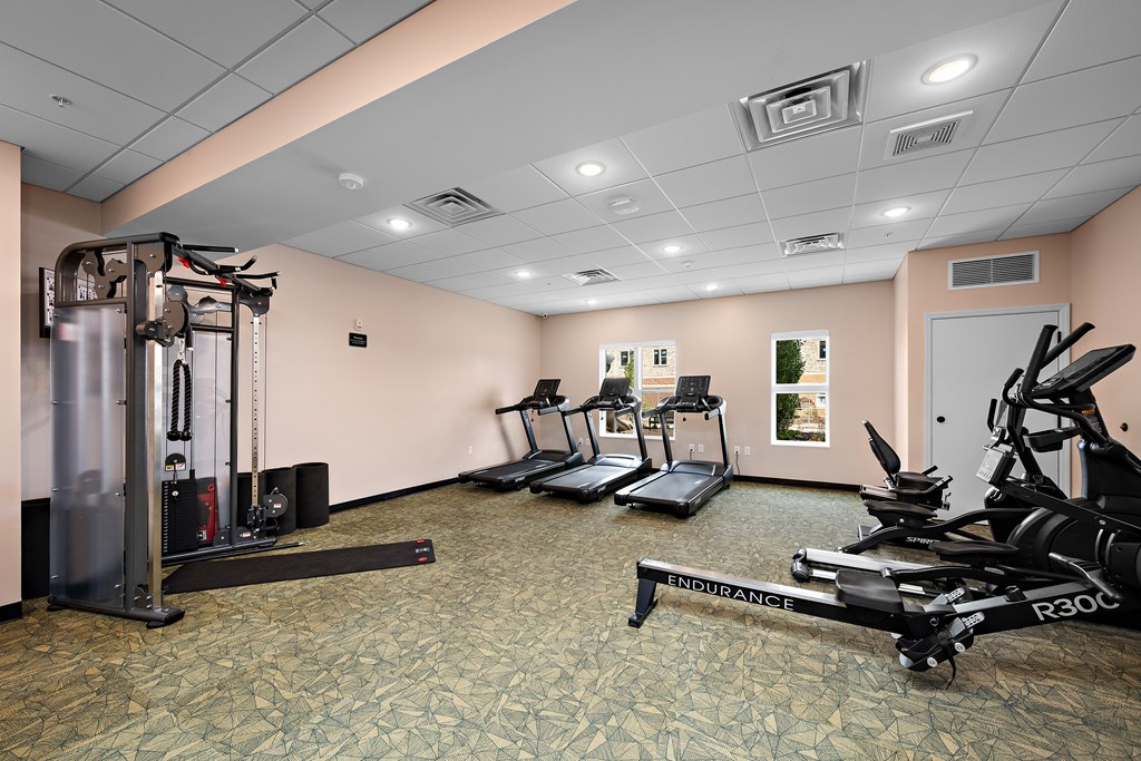 A gym with a variety of equipment including treadmills, a weight machine, and rowing machines.