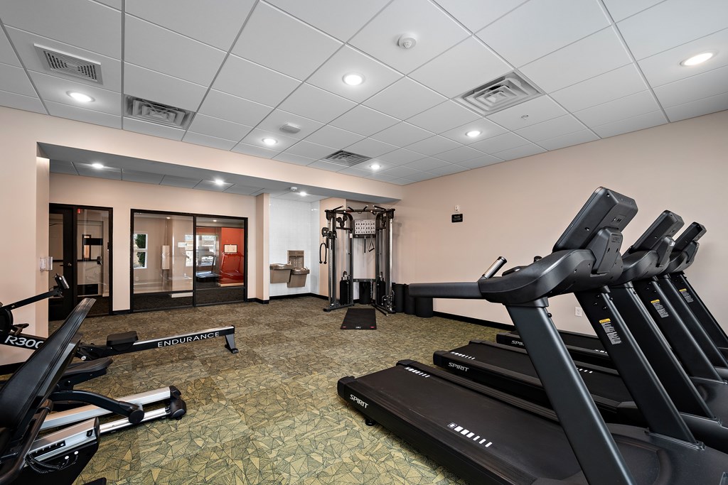 A gym with treadmills and exercise equipment.