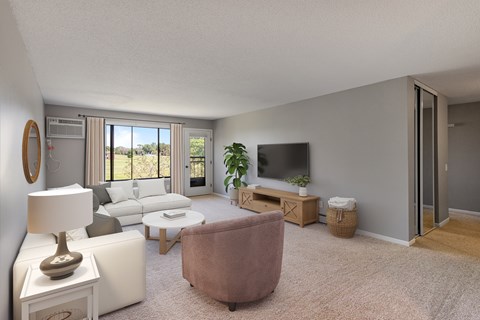 A living room with a brown chair, a white sofa, a white side table with a lamp, a flat screen TV, and a sliding glass door leading to a balcony.