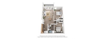 a stylized floor plan of a 1 bedroom apartment