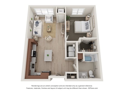 A 3D floor plan of a small apartment with a kitchen, living room, and bathroom.
