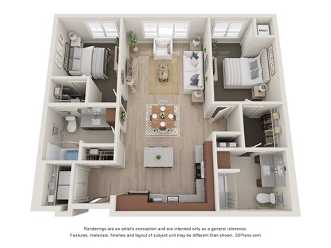A 3D floor plan of a house with a kitchen, living room, and two bedrooms.