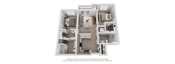 a stylized floor plan with a bedroom and a living room