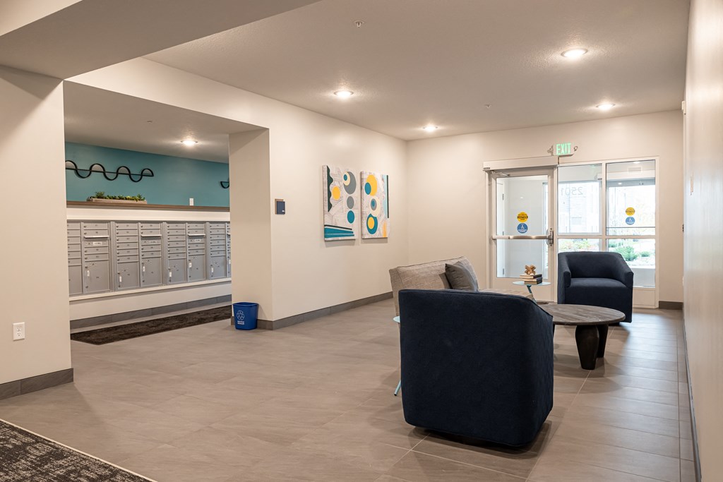 entryway overlooking mail room lockers