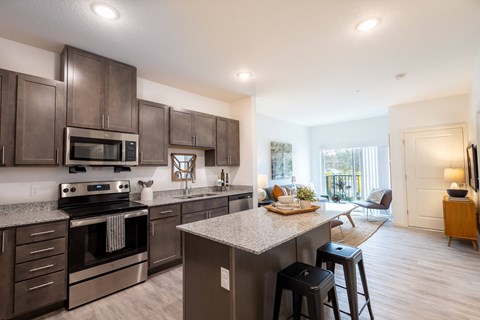 an open kitchen with stainless steel appliances and a granite counter top