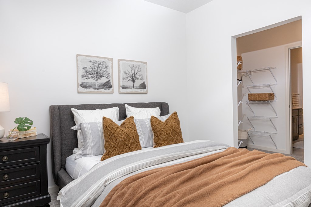 a bedroom with a bed and a closet