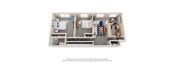 a rendering of a 1 bedroom floor plan with a bathroom and a living room