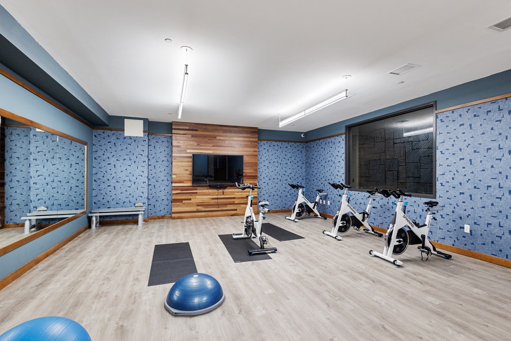 a gym with exercise equipment and a tv on the wall