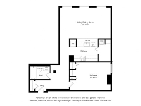 a floor plan of a unit with a bedroom and a living room