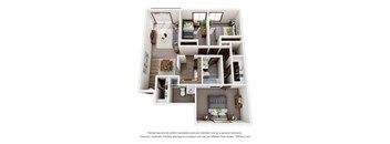 a stylized floor plan with a bedroom and a living room