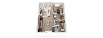 A floor plan of a small apartment with a kitchen, living room, and bathroom.