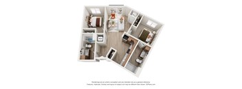 A 3D floor plan of a house with a kitchen, living room, and two bedrooms.