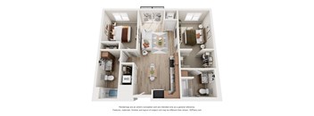 A 3D floor plan of a house with labeled rooms.