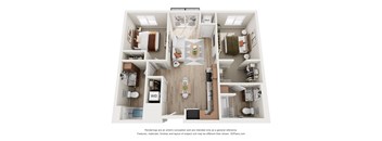 A 3D floor plan of a house with labeled rooms.
