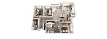 A 3D floor plan of a house layout.