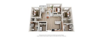 A 3D floor plan of a house with a kitchen, living room, and bathrooms.