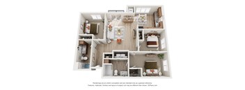 A 3D floor plan of a house with a kitchen, living room, and bedrooms.