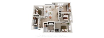 A 3D floor plan of a house with a kitchen, living room, and two bedrooms.