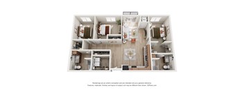 A 3D floor plan of a house with a kitchen, living room, and two bedrooms.