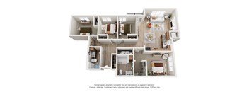 A 3D floor plan of a house with a kitchen, living room, and two bedrooms.