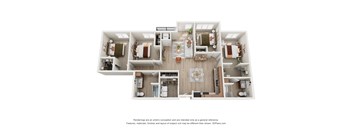 A 3D floor plan of a house with a kitchen, living room, and bedrooms.