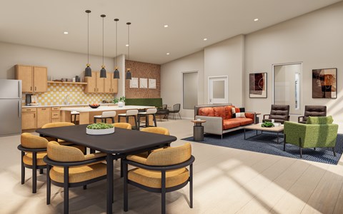 Open concept clubhouse with dining and lounge areas at Reserve At Settlers Ridge Apartments, Minnesota