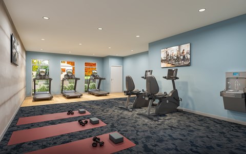 Fitness center with cardio equipment and yoga mats at Reserve At Settlers Ridge Apartments, Minnesota, 55129