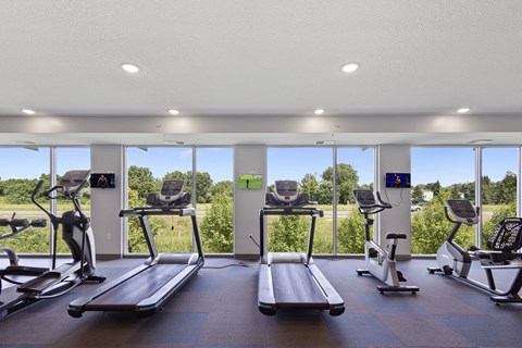 a gym with cardio equipment and windows with a view of a field