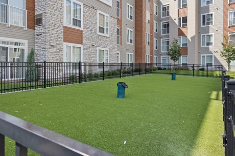 a yard with a fire hydrant in front of an apartment building