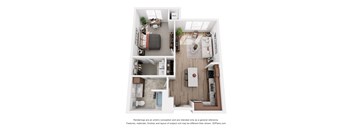 a 1 bedroom floor plan with a bedroom and a living room