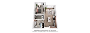 a stylized floor plan with a bedroom and a living room