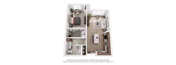 a stylized floor plan with a bedroom and a living room